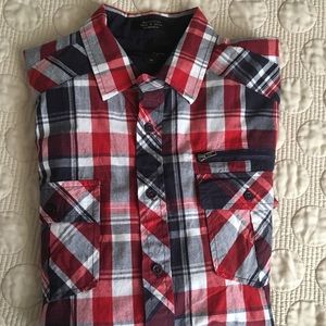 Mens   Red and blue squares   Lo g sleeve shirt